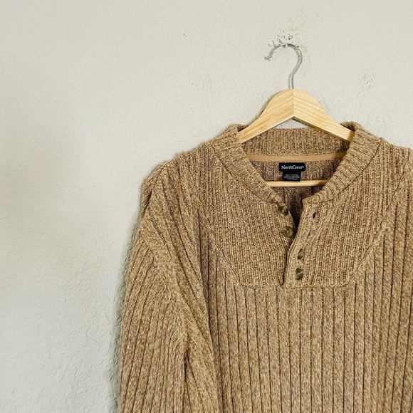 Vintage Sweaters - Vintage NorthCrest Tan 100% Cotton Half Button Sweater